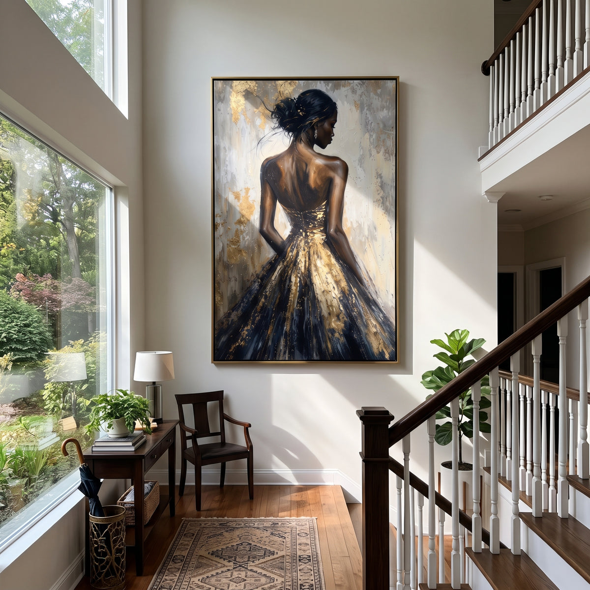 Golden Gown in Shadow - black gold gown portrait painting displayed in a styled interior