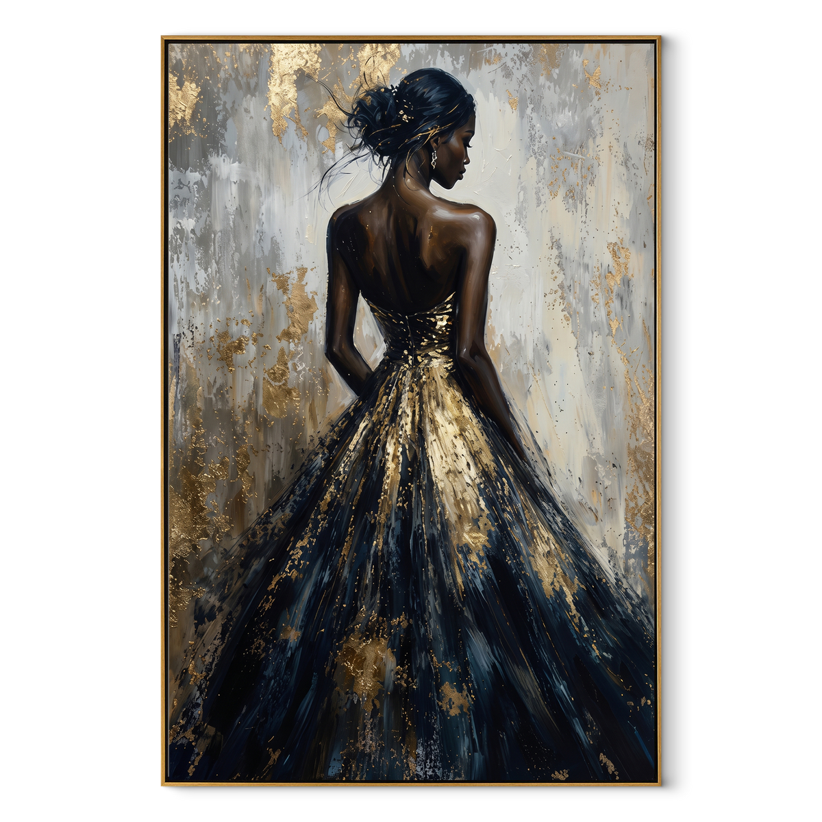 Golden Gown in Shadow - black gold gown portrait painting in a wood frame on white
