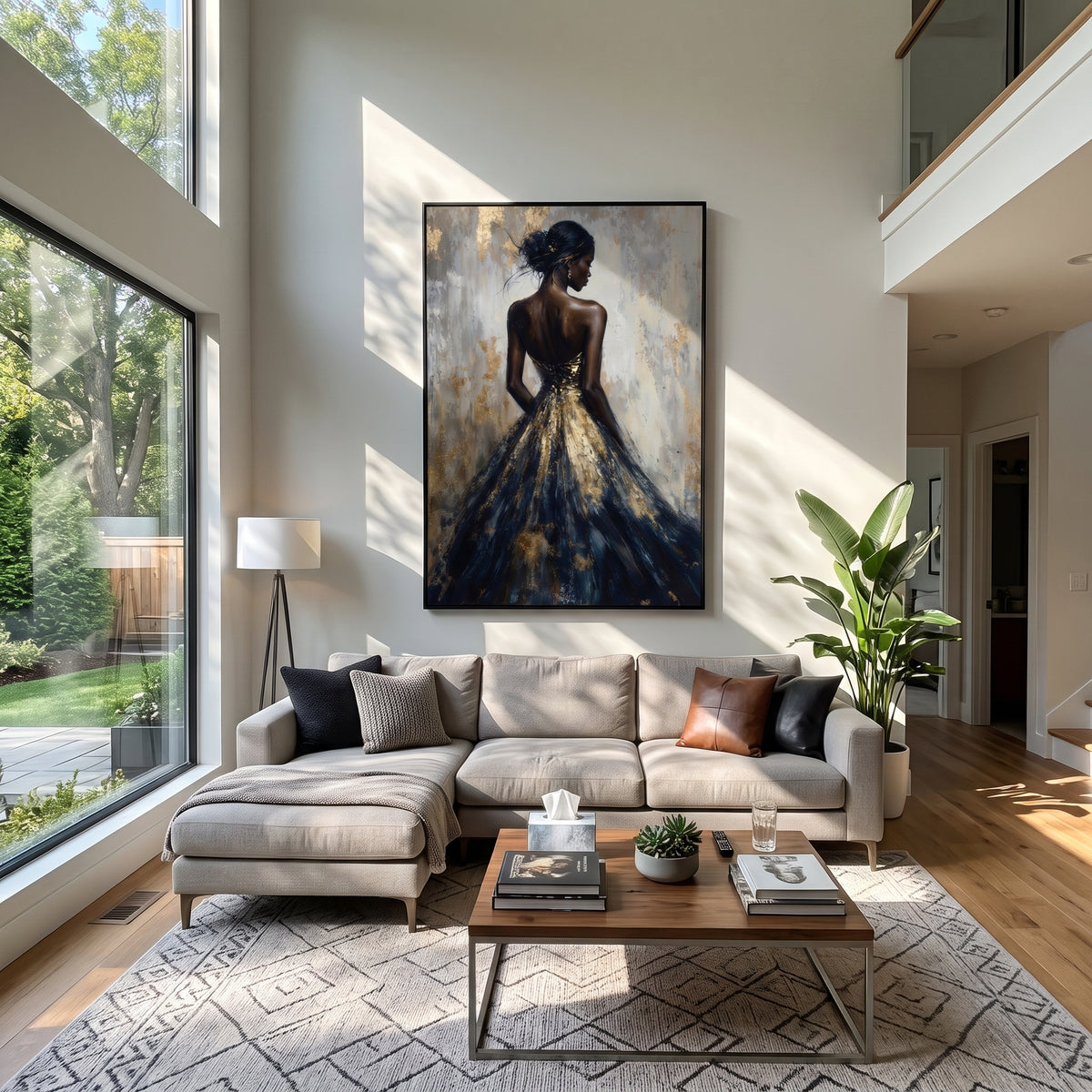 Golden Gown in Shadow - black gold gown portrait painting shown in modern room setting 3