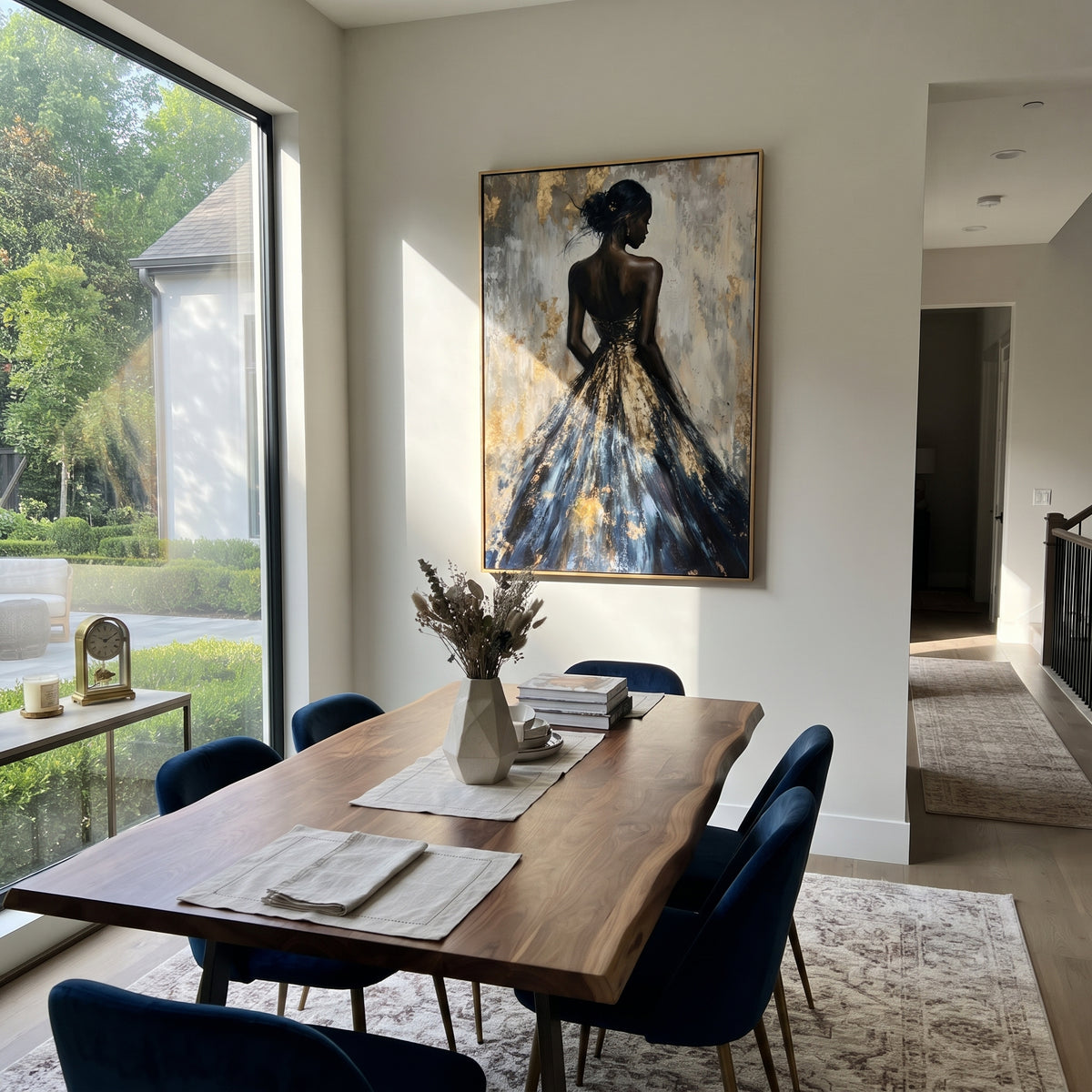 Golden Gown in Shadow - black gold gown portrait painting shown in modern room setting 4