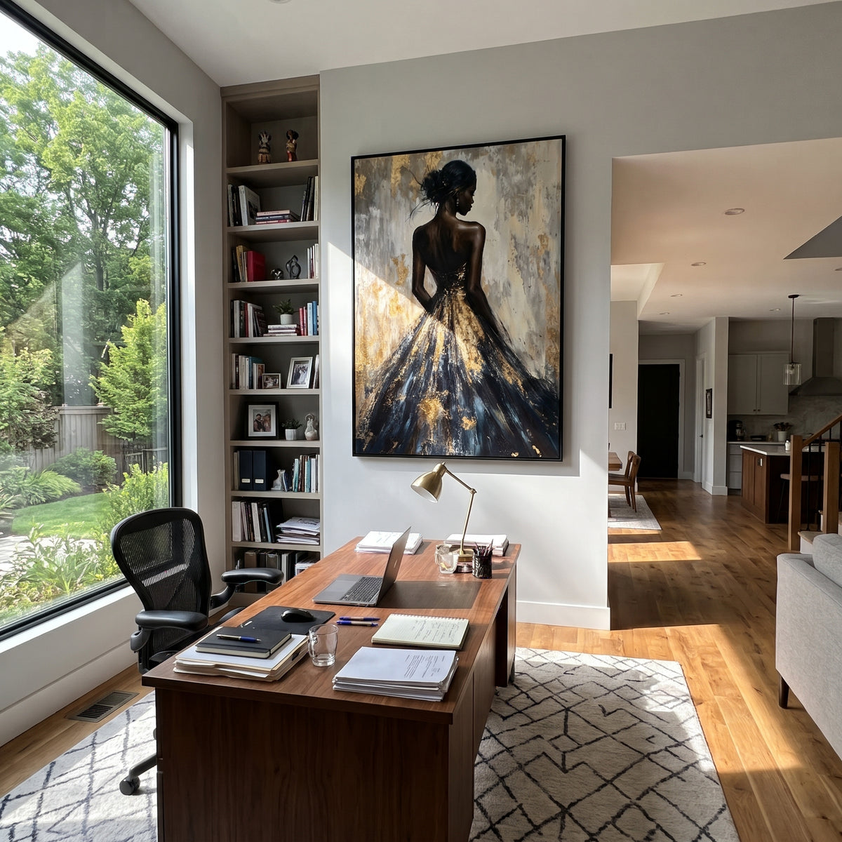 Golden Gown in Shadow - black gold gown portrait painting shown in modern room setting 5