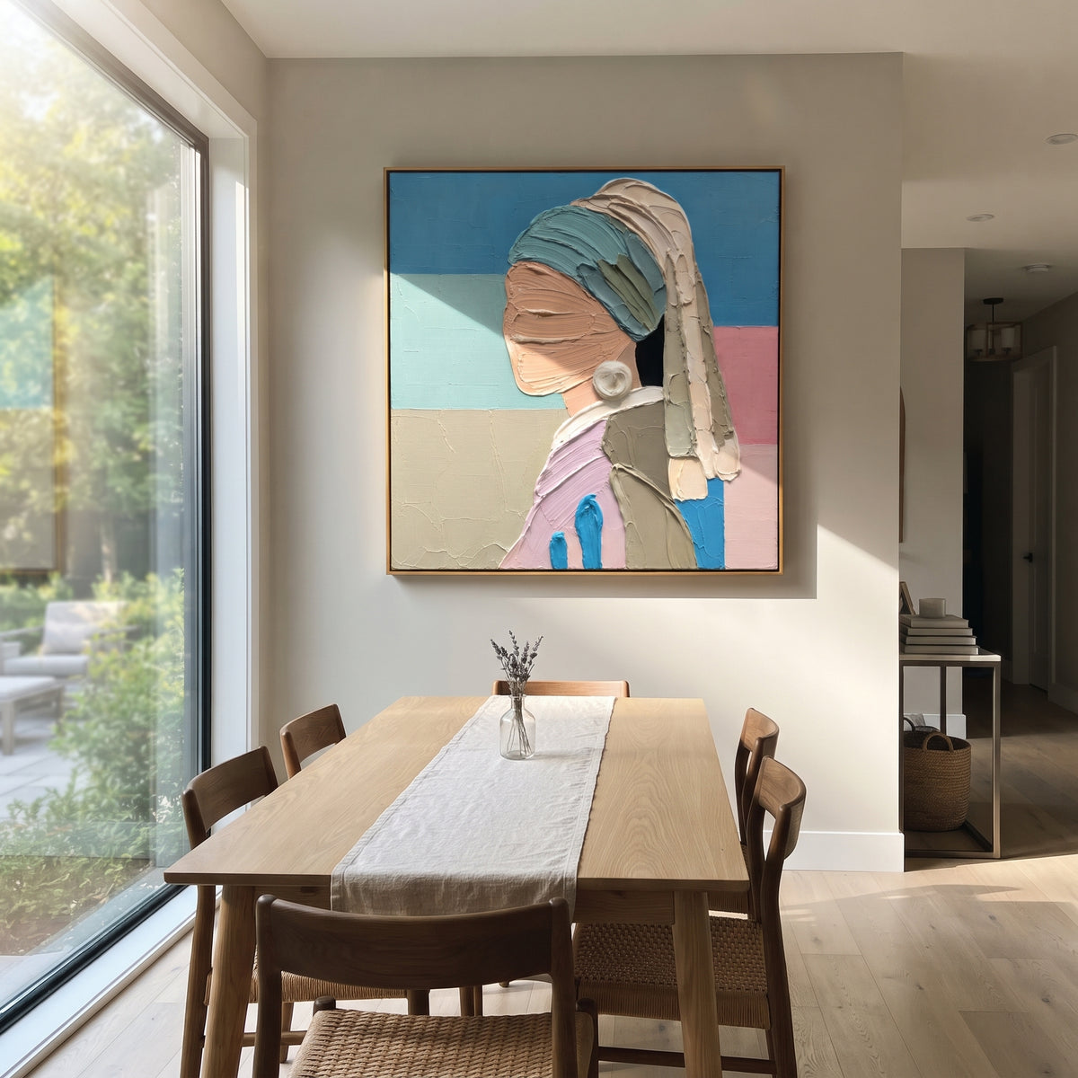 Pearl Profile in Pastels - pearl earring profile painting shown in modern room setting 2