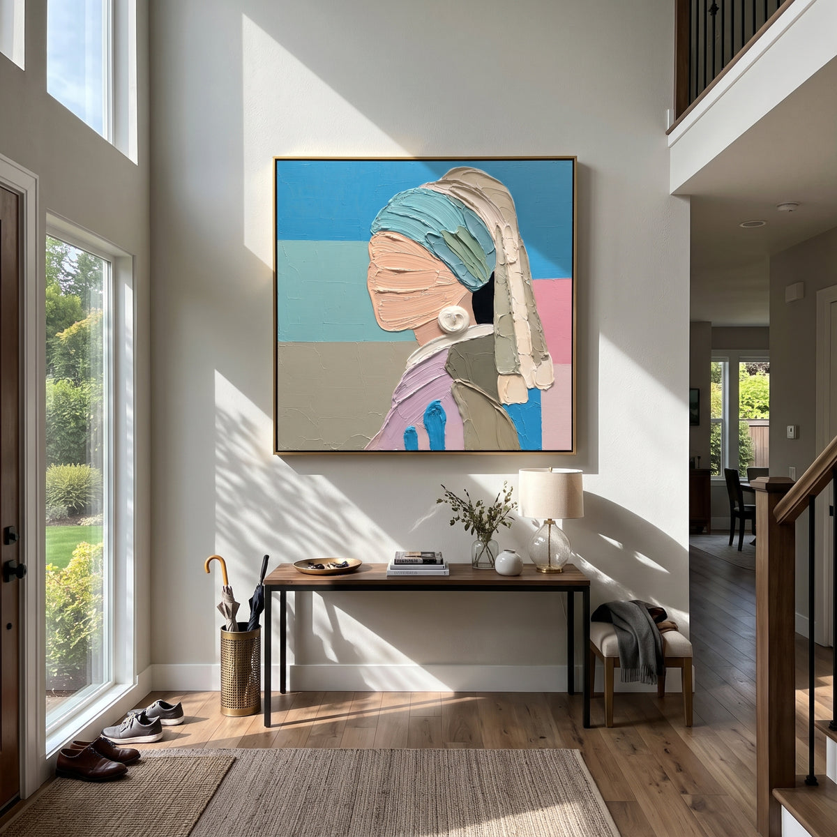 Pearl Profile in Pastels - pearl earring profile painting shown in modern room setting 5