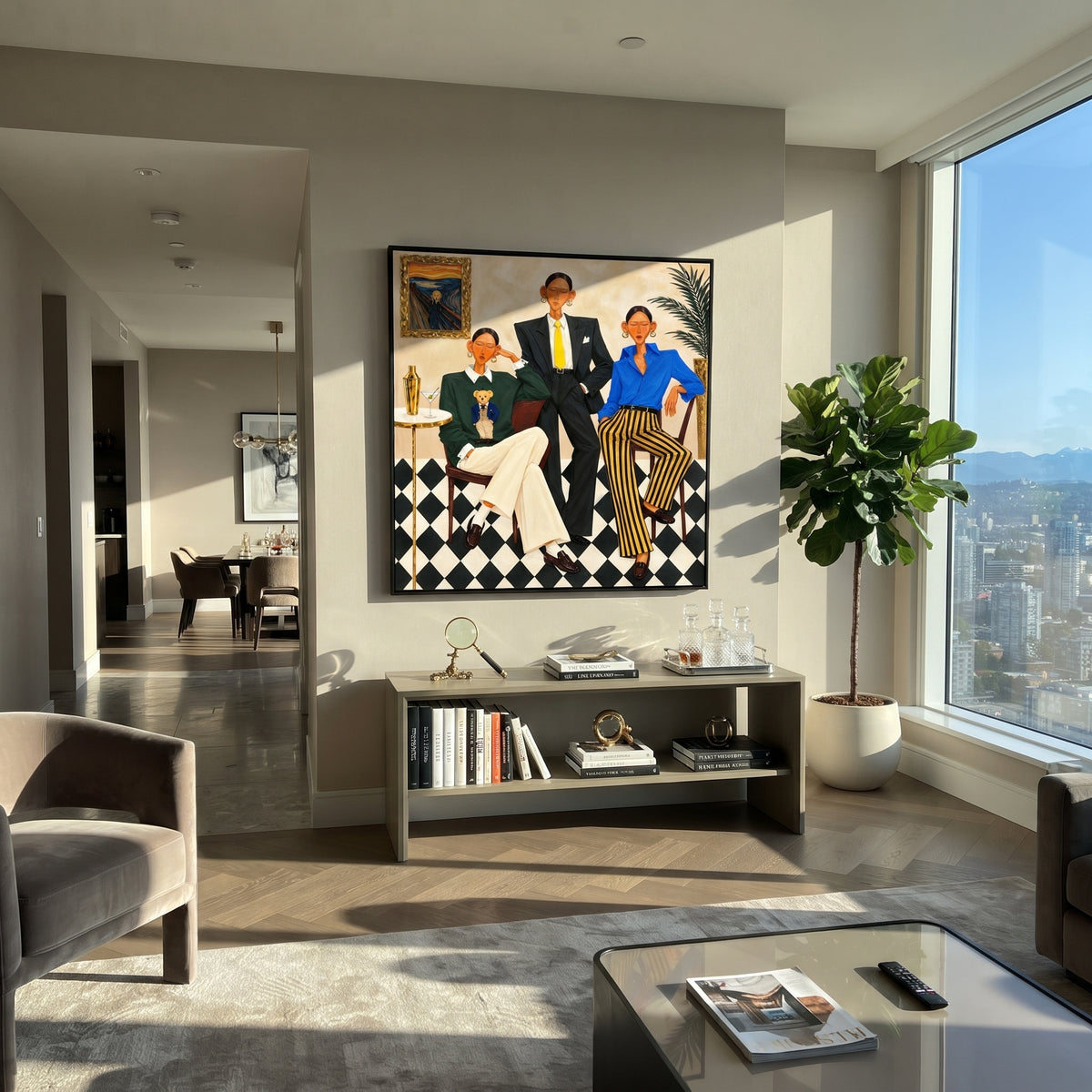Modern Salon Gathering - retro fashion group painting displayed in a styled interior