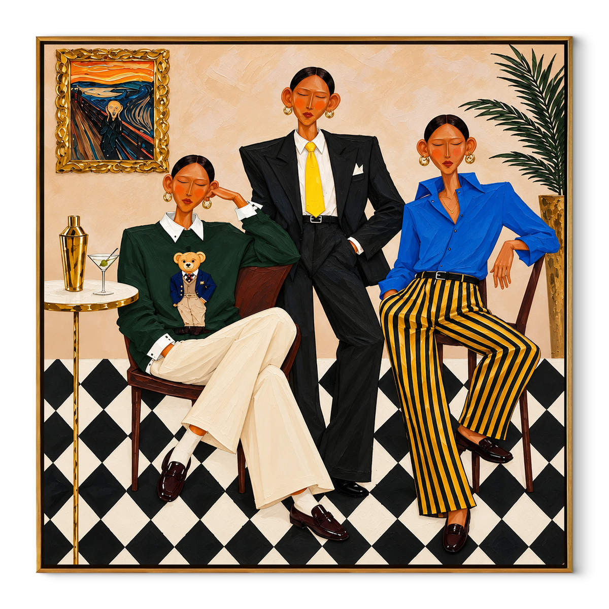 Modern Salon Gathering - retro fashion group painting in a wood frame on white