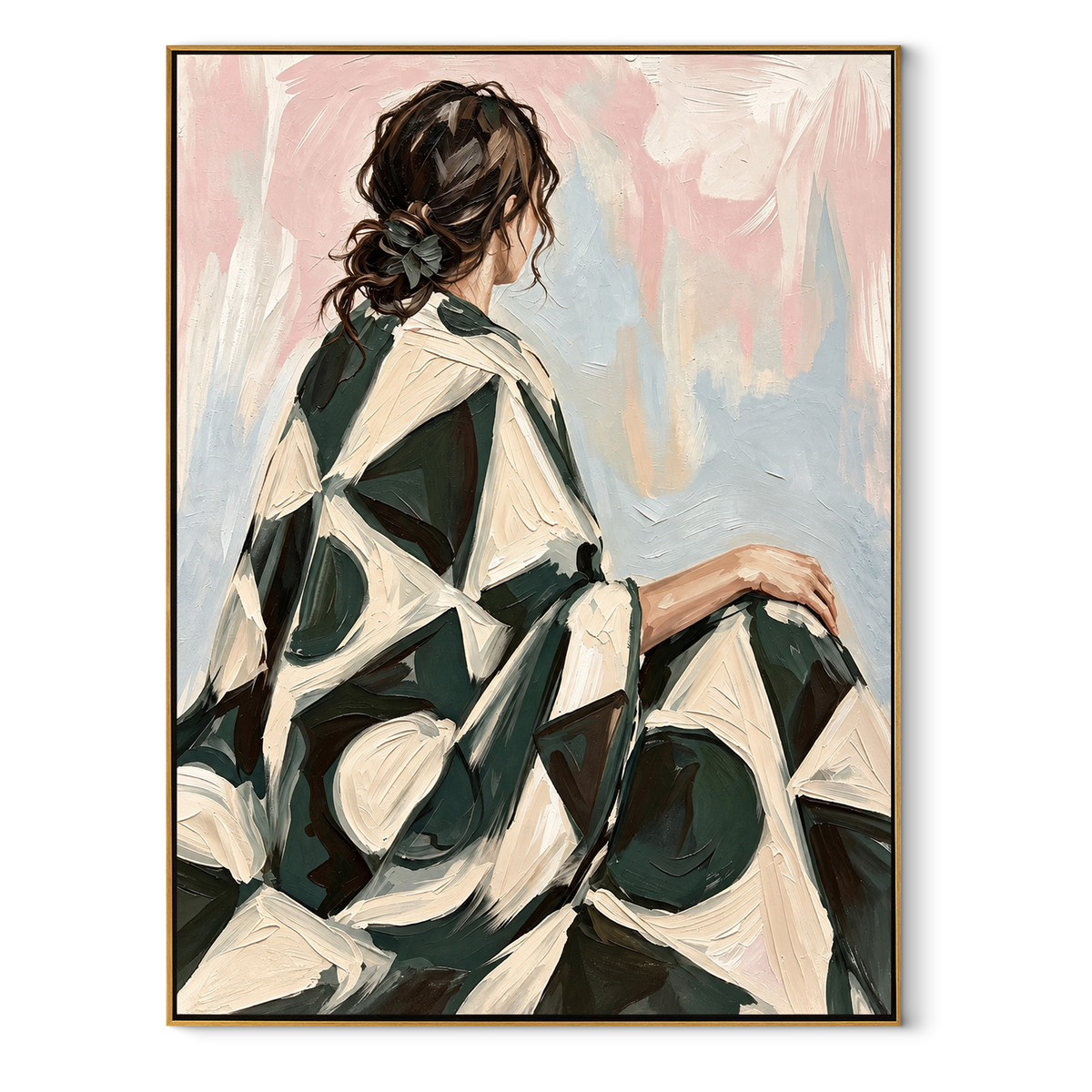 Emerald Back in Brushwork - woman in green dress painting in a wood frame on white