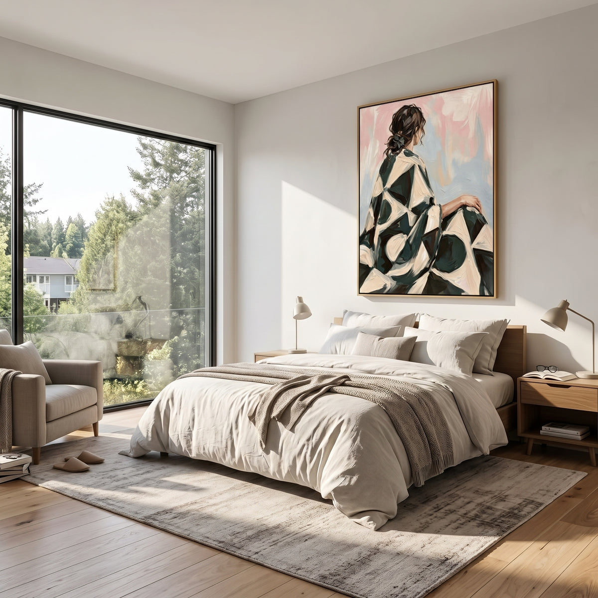 Emerald Back in Brushwork - woman in green dress painting shown in modern room setting 3