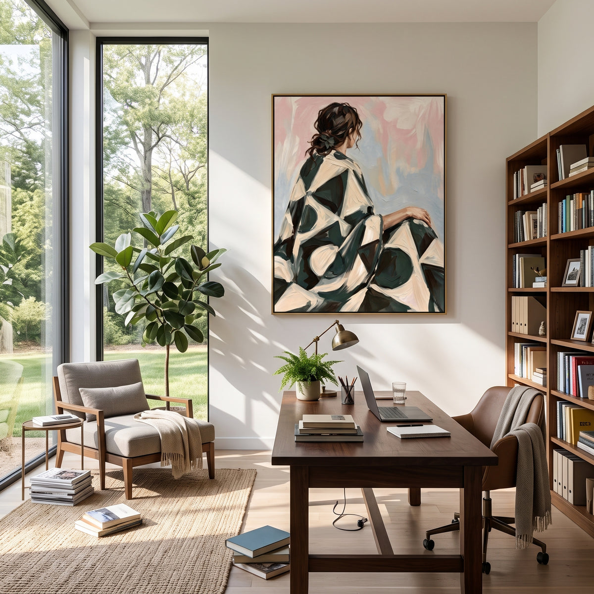 Emerald Back in Brushwork - woman in green dress painting shown in modern room setting 4