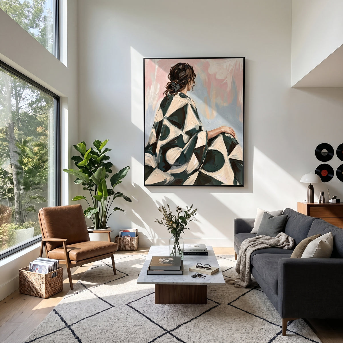 Emerald Back in Brushwork - woman in green dress painting shown in modern room setting 5