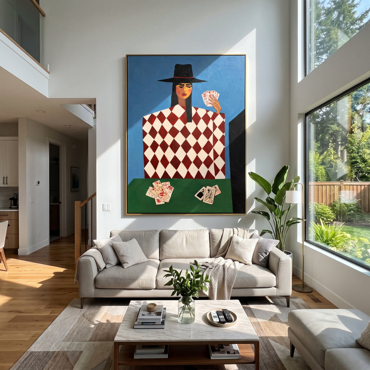 Card Table in Blue - geometric card player painting displayed in a styled interior