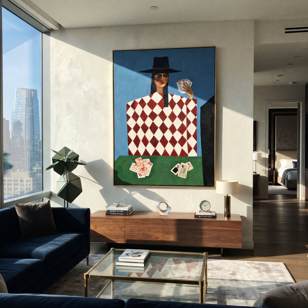 Card Table in Blue - geometric card player painting shown in modern room setting 4