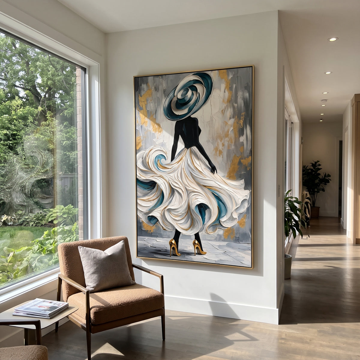 Gilded Skirt in Motion - flowing white fashion gown painting shown in modern room setting 3