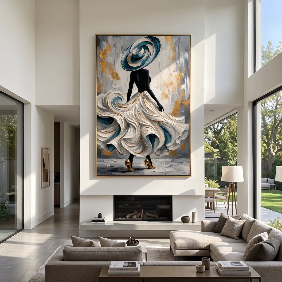 Gilded Skirt in Motion - flowing white fashion gown painting shown in modern room setting 4