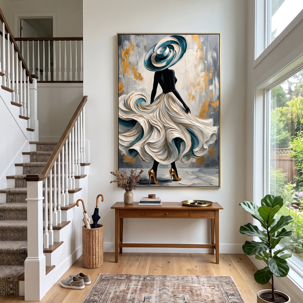 Gilded Skirt in Motion - flowing white fashion gown painting shown in modern room setting 5