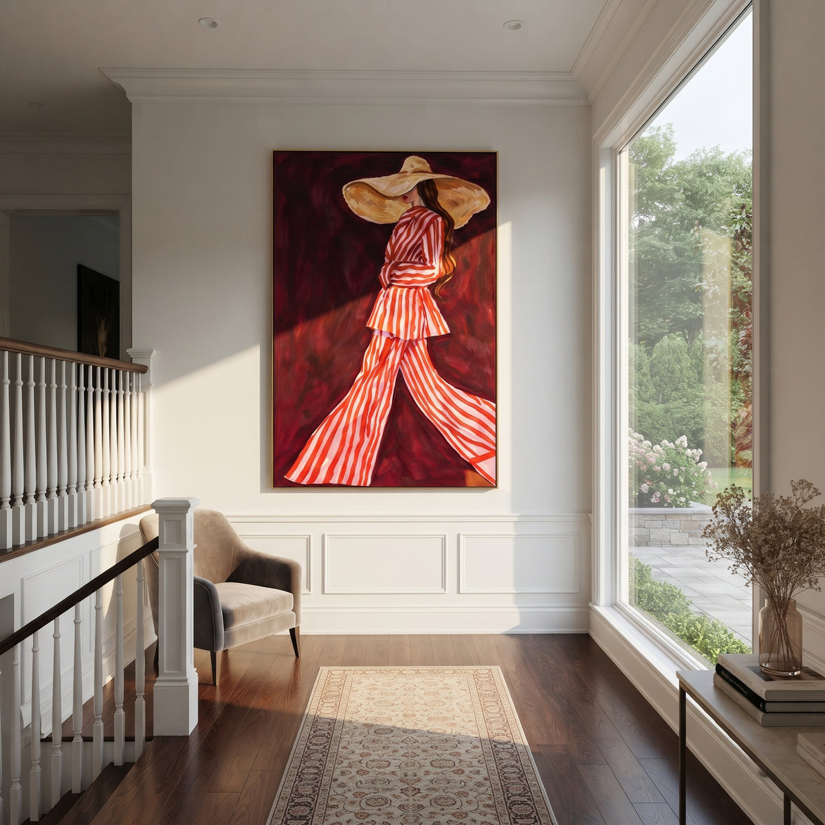 Burgundy Stripes in Motion - red striped fashion portrait painting displayed in a styled interior