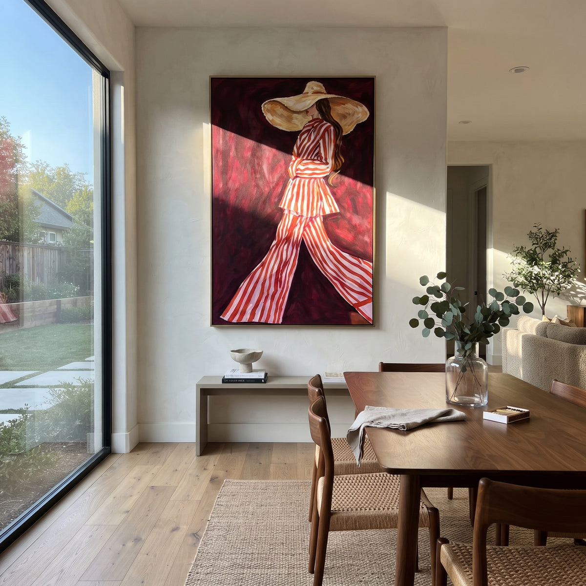 Burgundy Stripes in Motion - red striped fashion portrait painting shown in modern room setting 2