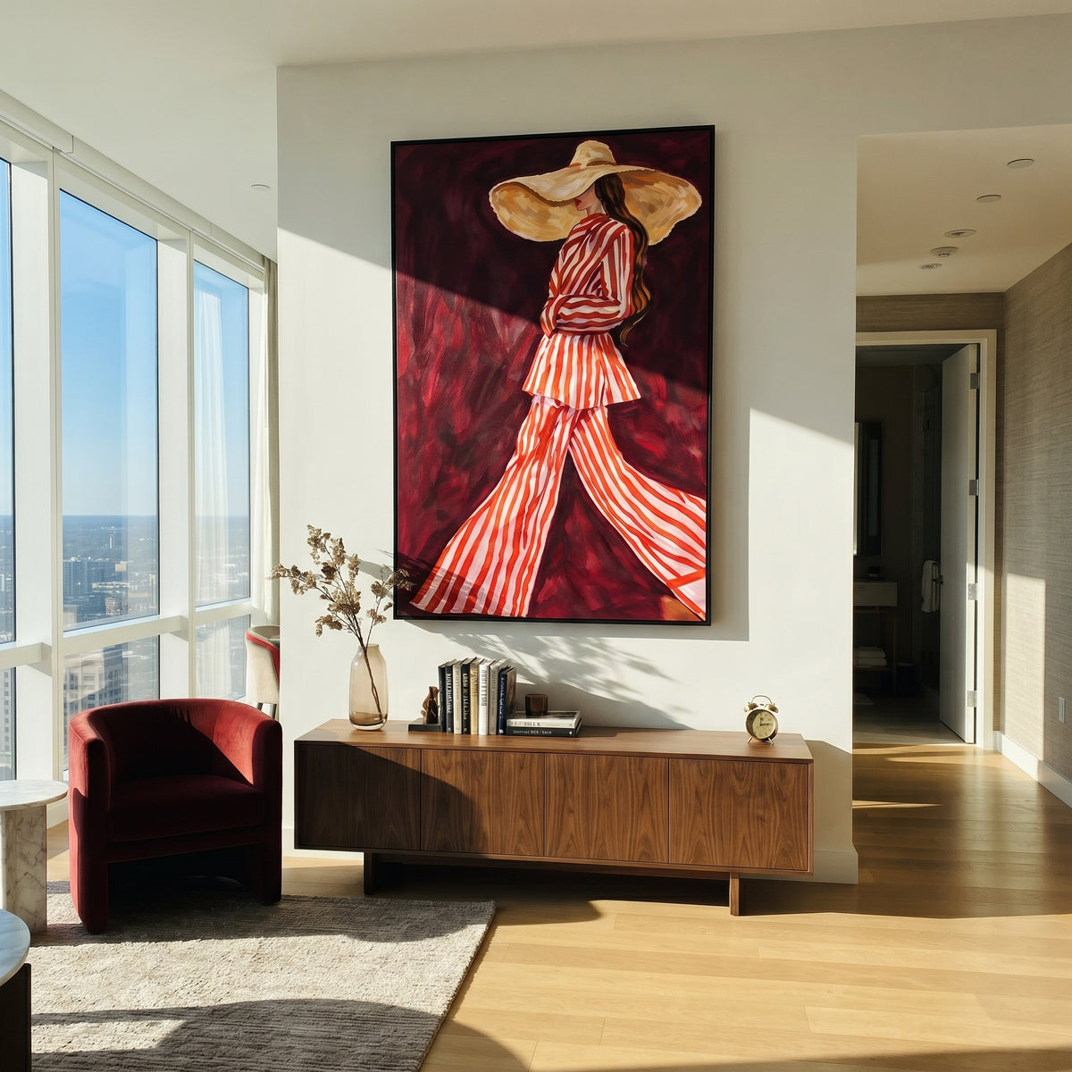 Burgundy Stripes in Motion - red striped fashion portrait painting shown in modern room setting 4