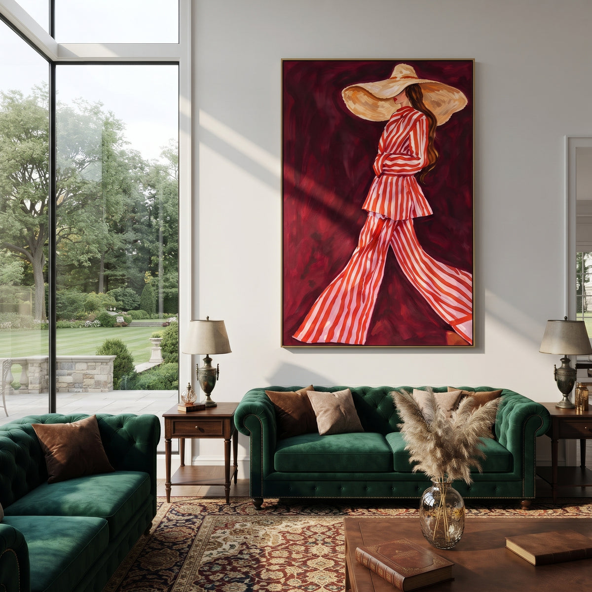 Burgundy Stripes in Motion - red striped fashion portrait painting shown in modern room setting 5