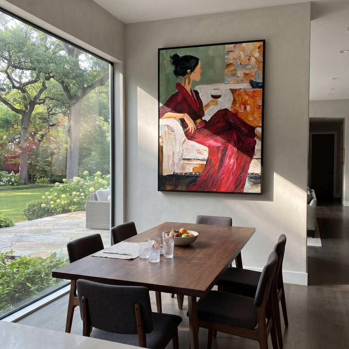 Burgundy Dress with Wine - seated woman with wine painting displayed in a styled interior