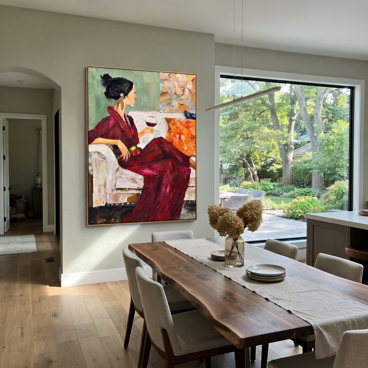Burgundy Dress with Wine - seated woman with wine painting shown in modern room setting 3