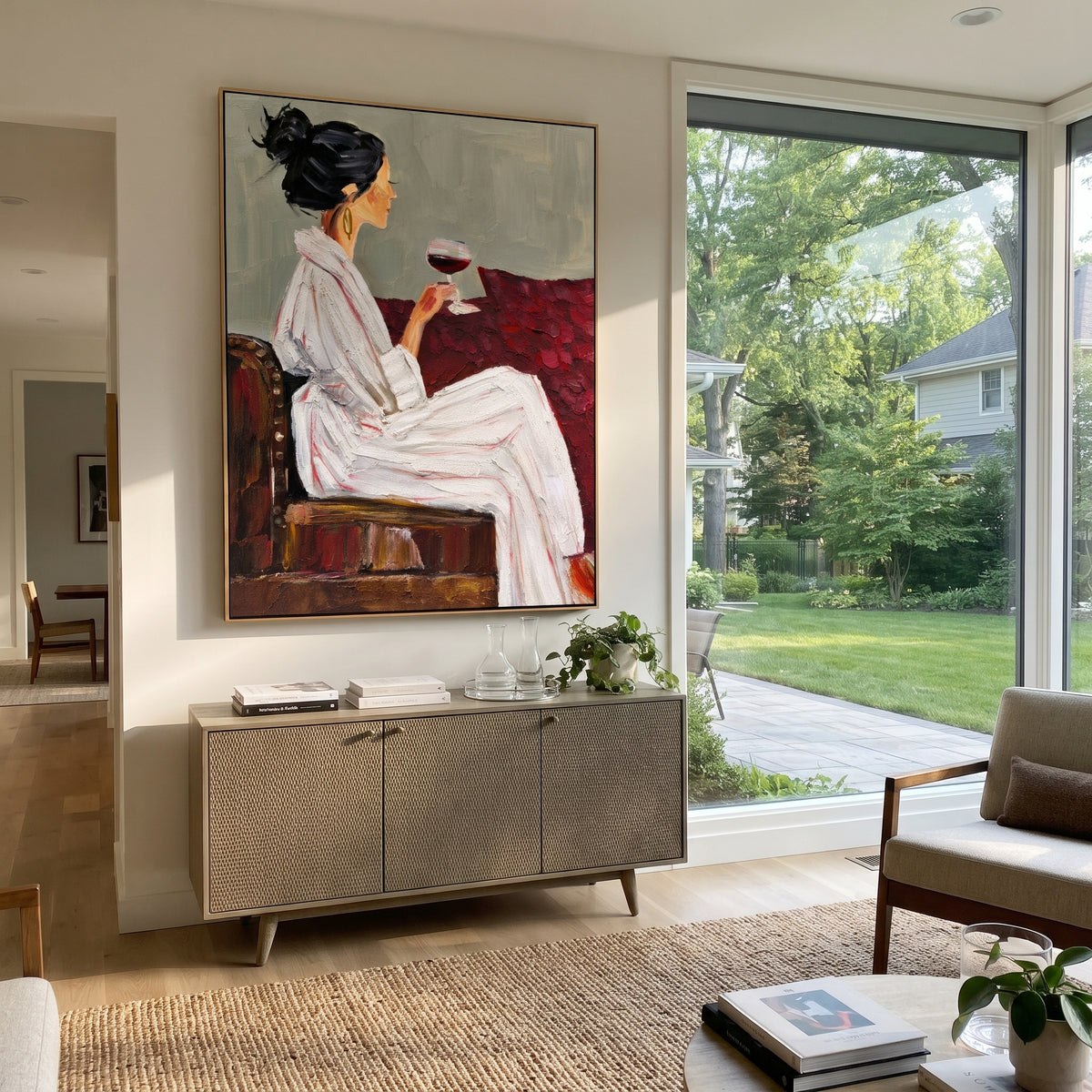 Quiet Wine in Profile - woman holding wine portrait painting shown in modern room setting 3