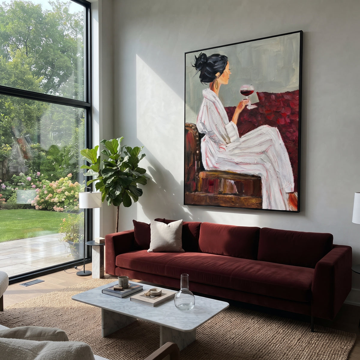 Quiet Wine in Profile - woman holding wine portrait painting shown in modern room setting 4