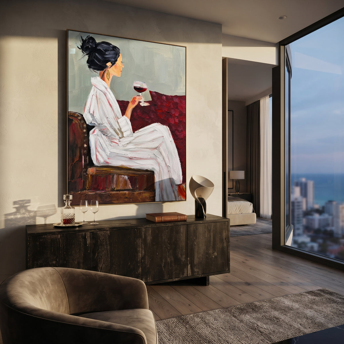Quiet Wine in Profile - woman holding wine portrait painting shown in modern room setting 5