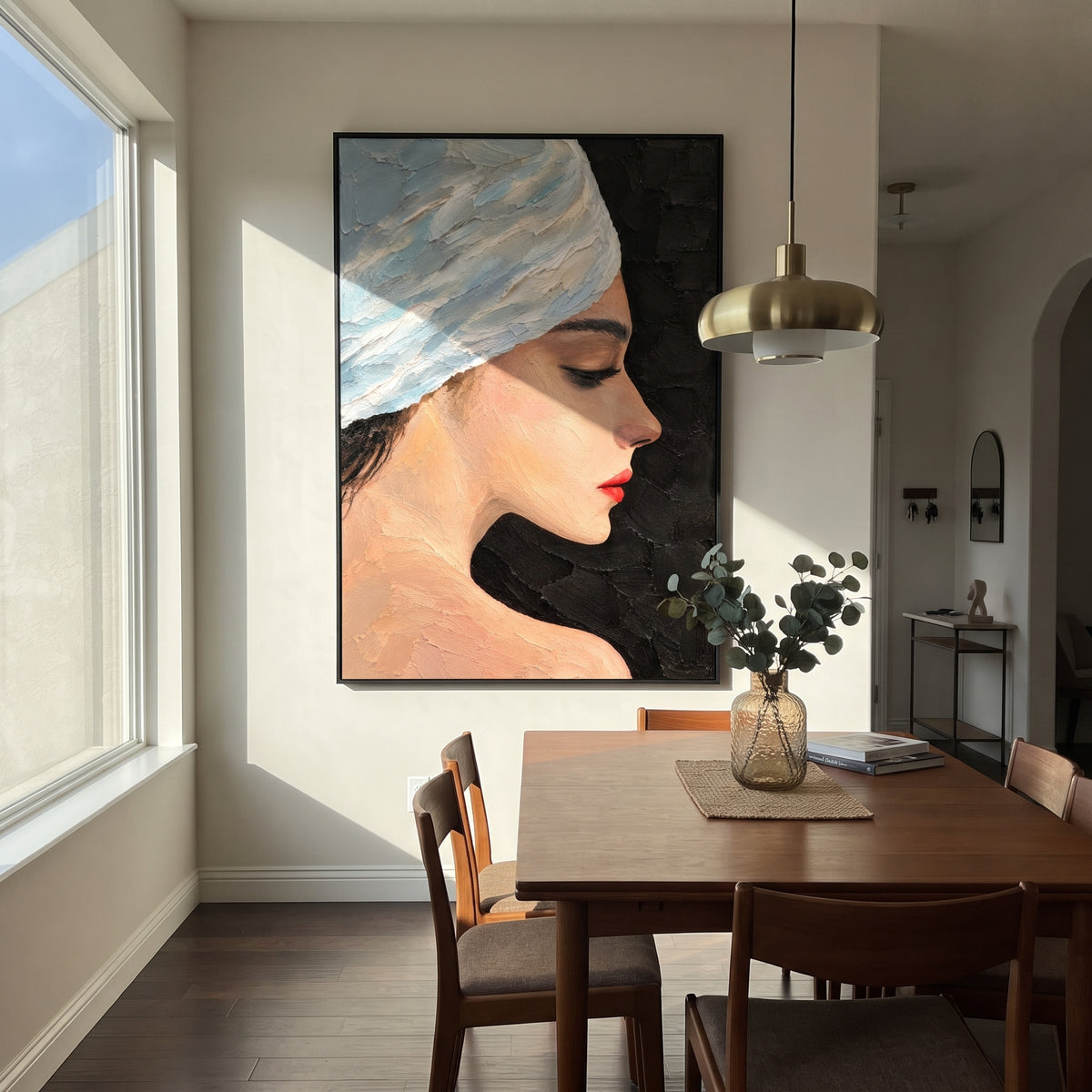 Blue Turban in Profile - blue turban fashion portrait painting shown in modern room setting 2
