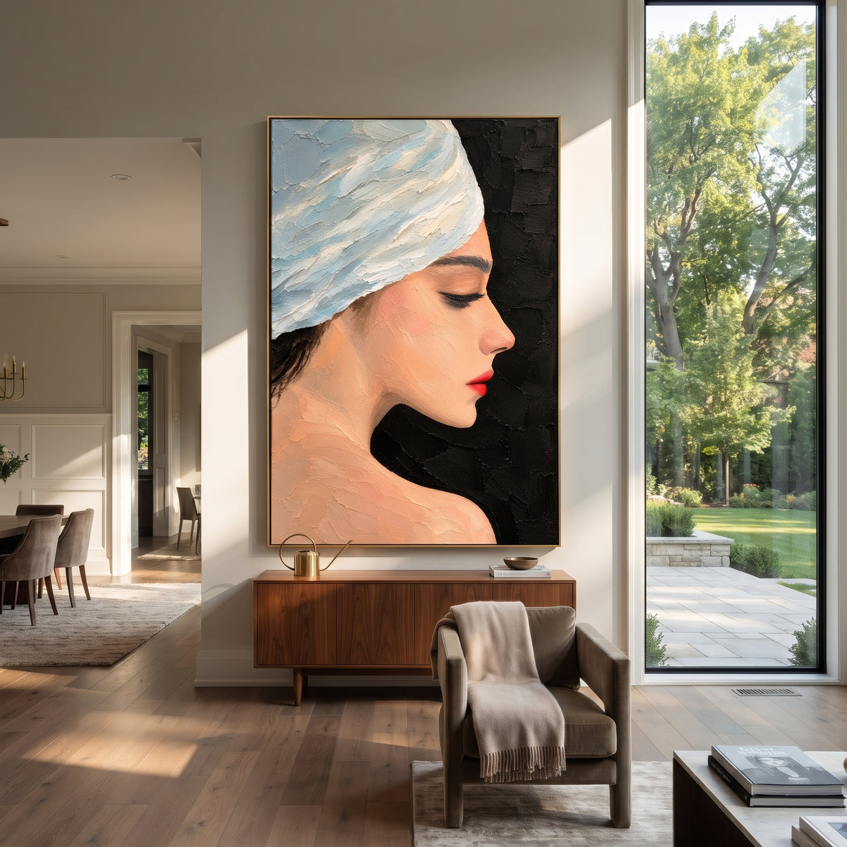 Blue Turban in Profile - blue turban fashion portrait painting shown in modern room setting 3
