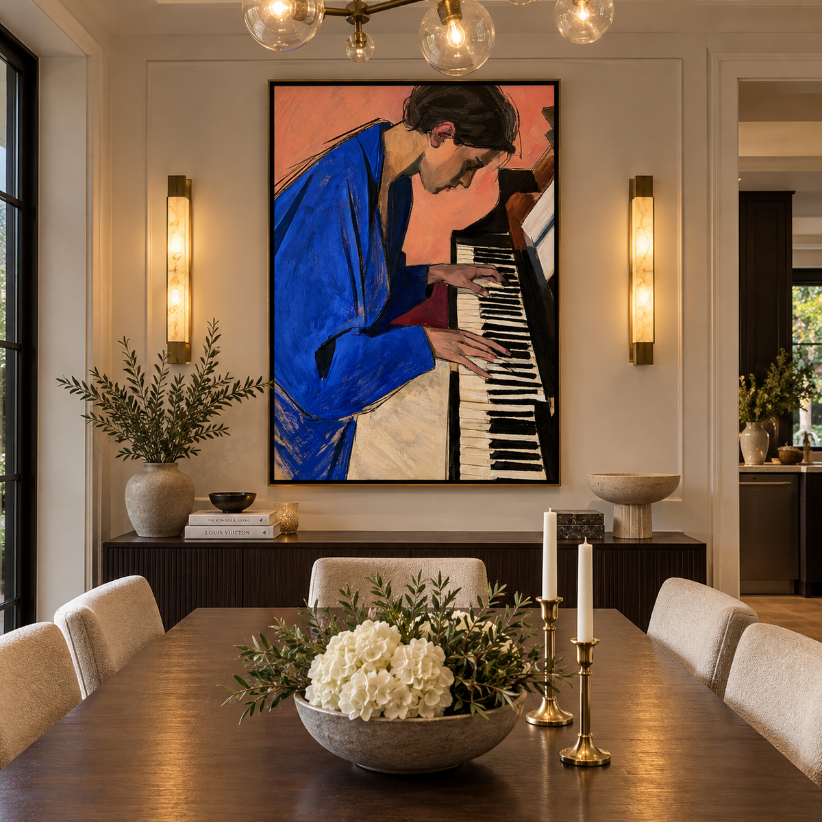 Blue Notes at the Piano - woman playing piano painting displayed in a styled interior