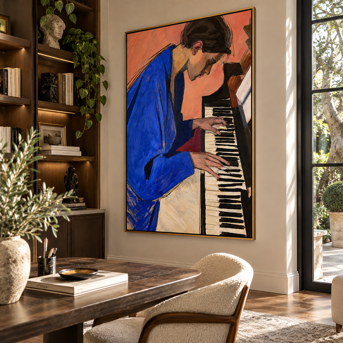 Blue Notes at the Piano - woman playing piano painting shown in modern room setting 3