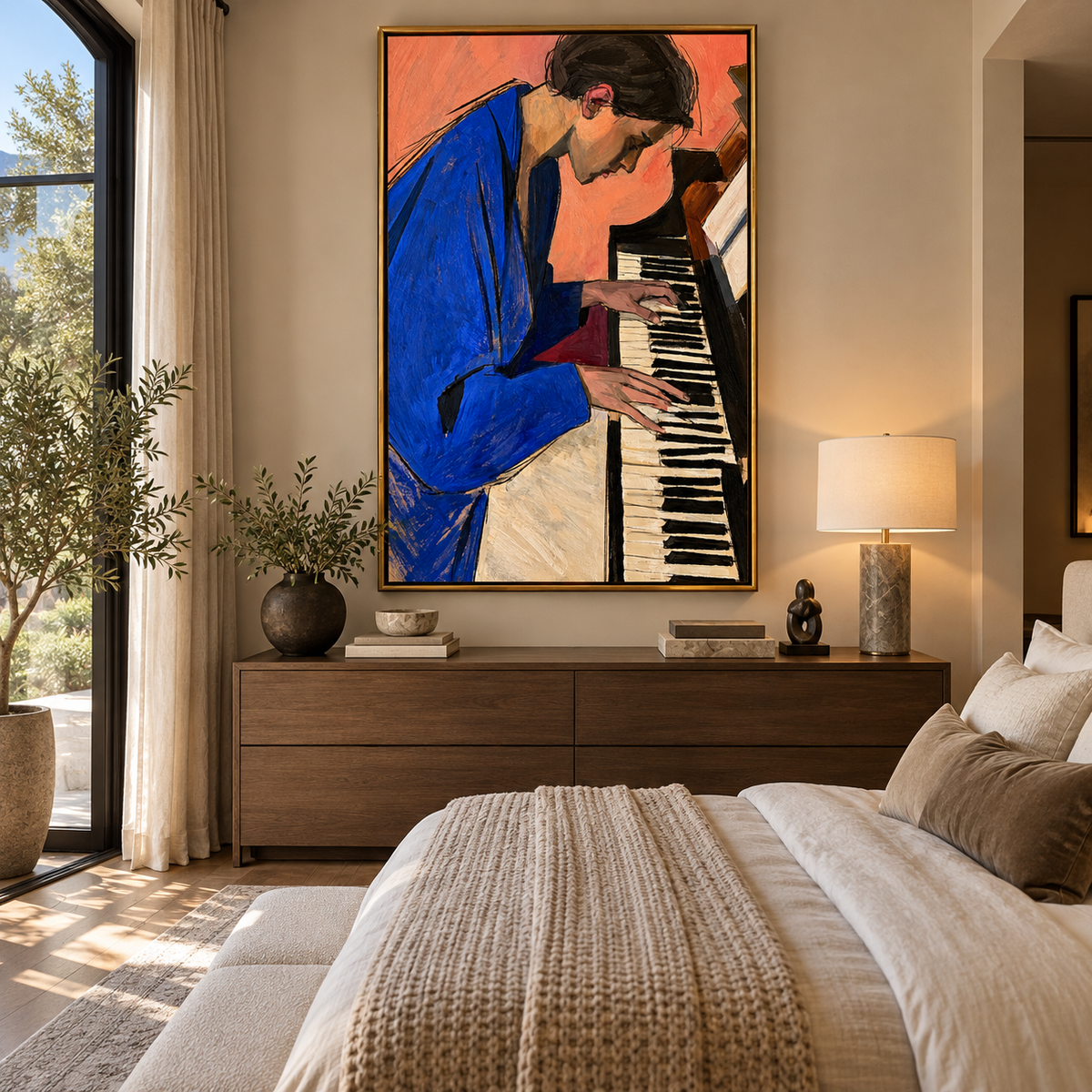 Blue Notes at the Piano - woman playing piano painting shown in modern room setting 4