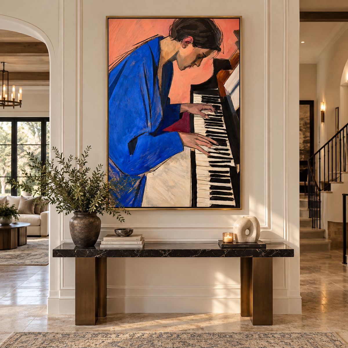 Blue Notes at the Piano - woman playing piano painting shown in modern room setting 5