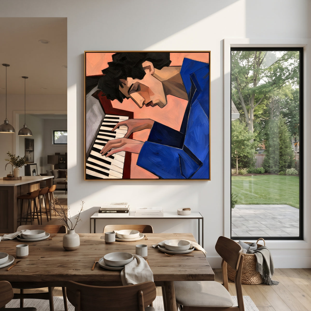 Two Hands at the Piano - cubist pianist portrait painting displayed in a styled interior