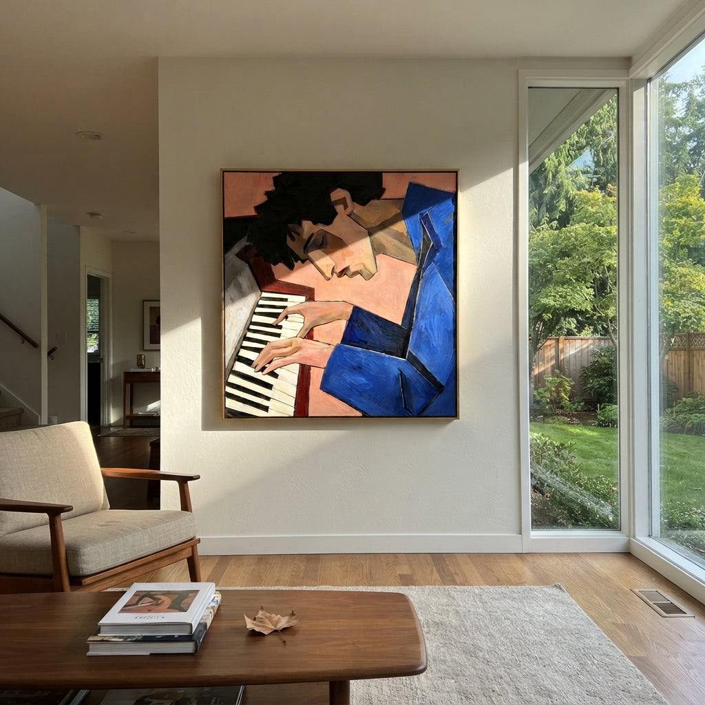 Two Hands at the Piano - cubist pianist portrait painting shown in modern room setting 2