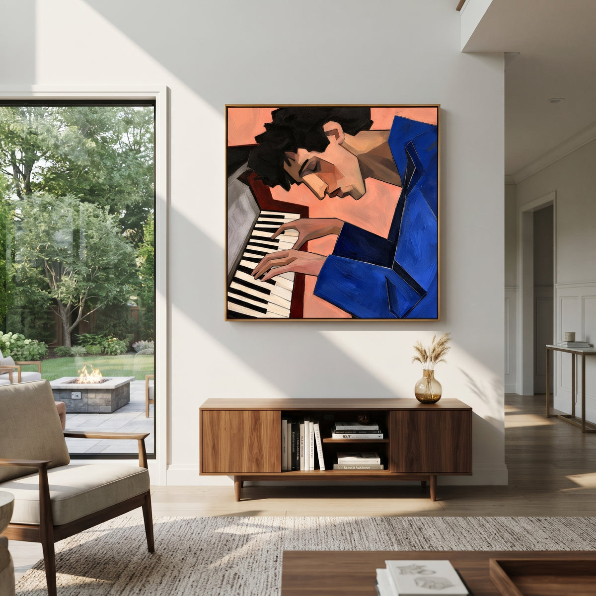 Two Hands at the Piano - cubist pianist portrait painting shown in modern room setting 3