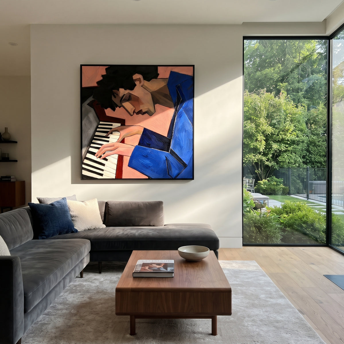 Two Hands at the Piano - cubist pianist portrait painting shown in modern room setting 4