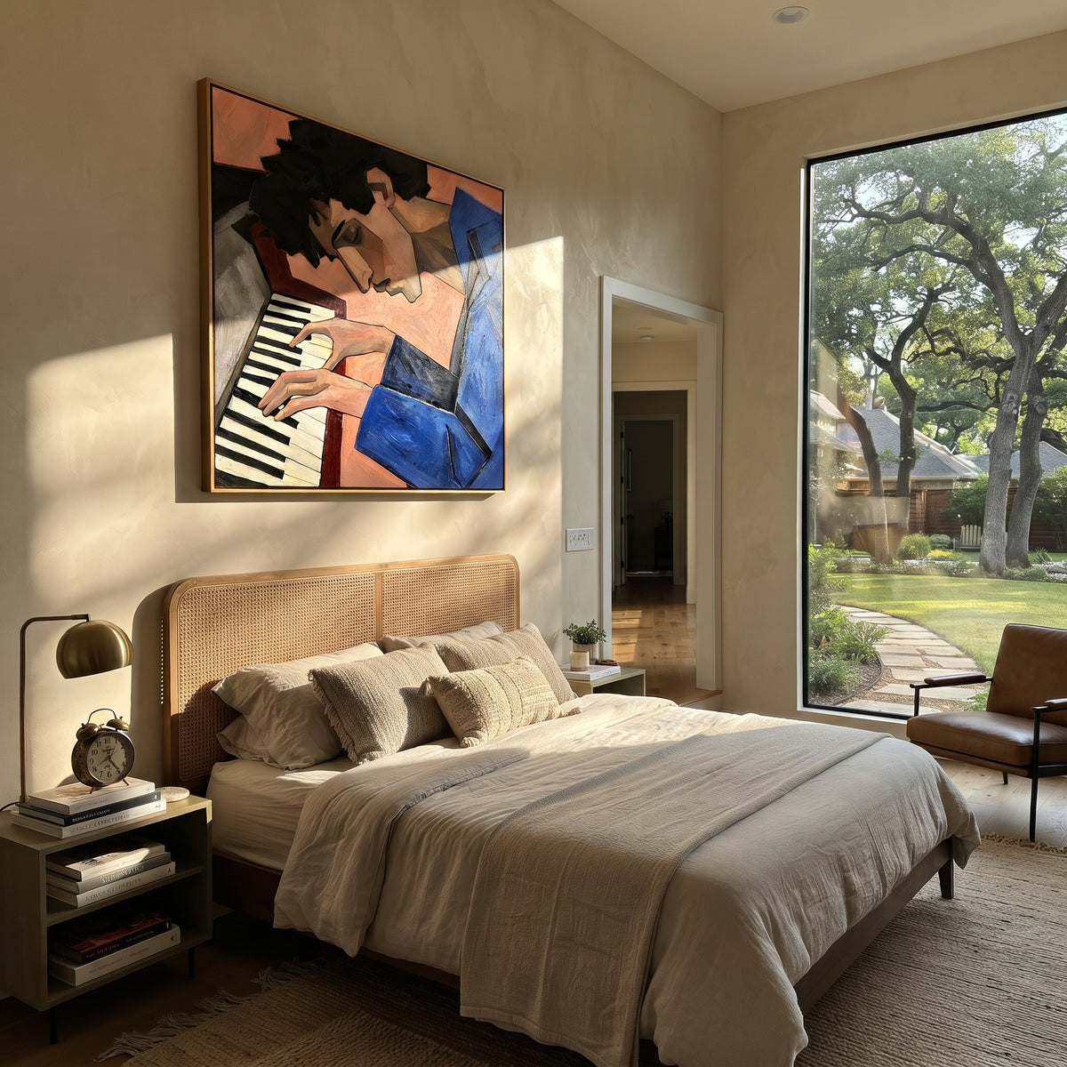Two Hands at the Piano - cubist pianist portrait painting shown in modern room setting 5