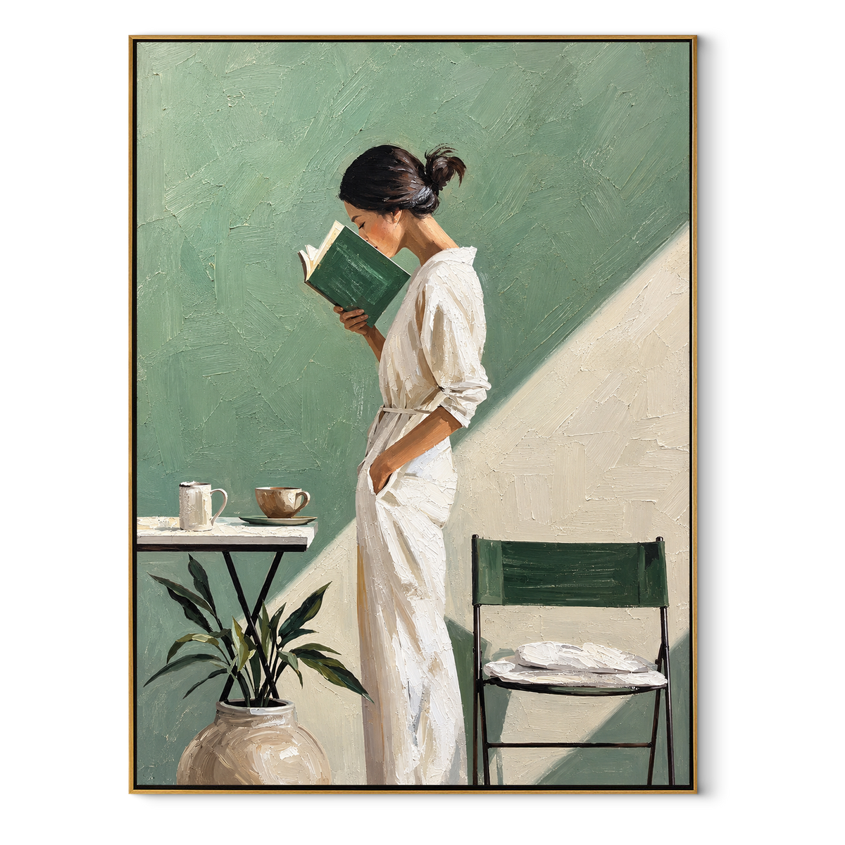 Reading in Sage Light - woman reading in sage interior painting in a wood frame on white