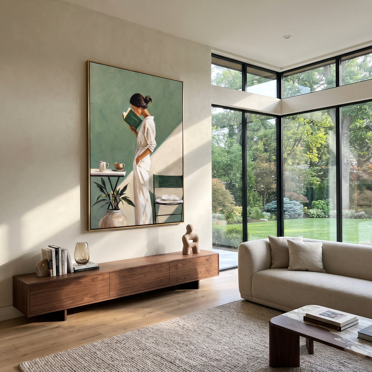 Reading in Sage Light - woman reading in sage interior painting shown in modern room setting 2
