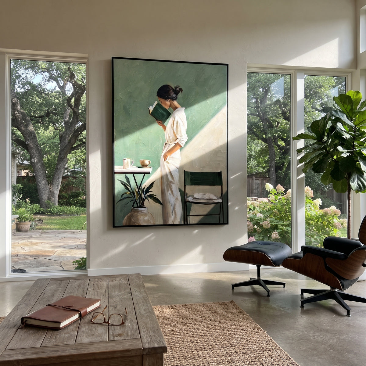 Reading in Sage Light - woman reading in sage interior painting shown in modern room setting 4