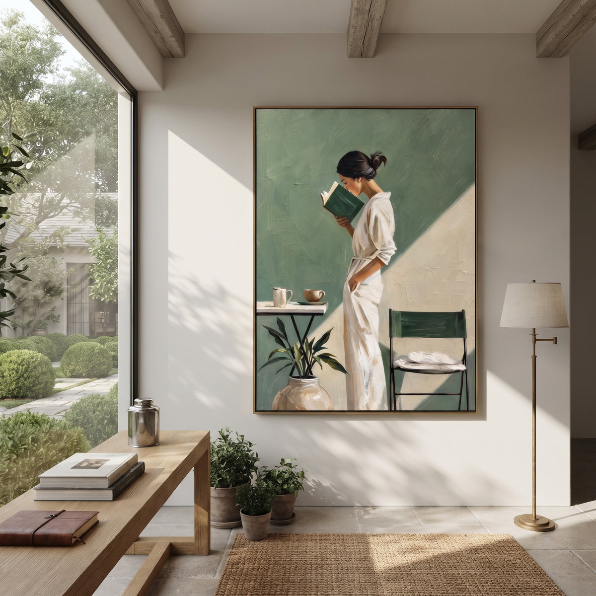 Reading in Sage Light - woman reading in sage interior painting shown in modern room setting 5