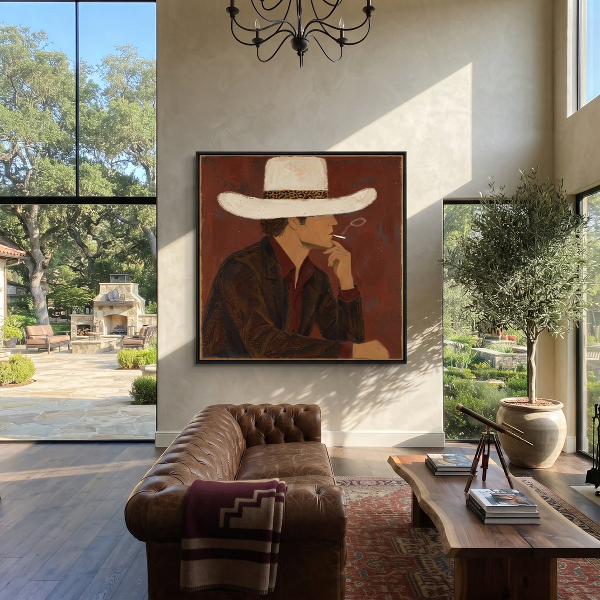 Leopard Brim in Burgundy - leopard hat fashion portrait painting displayed in a styled interior