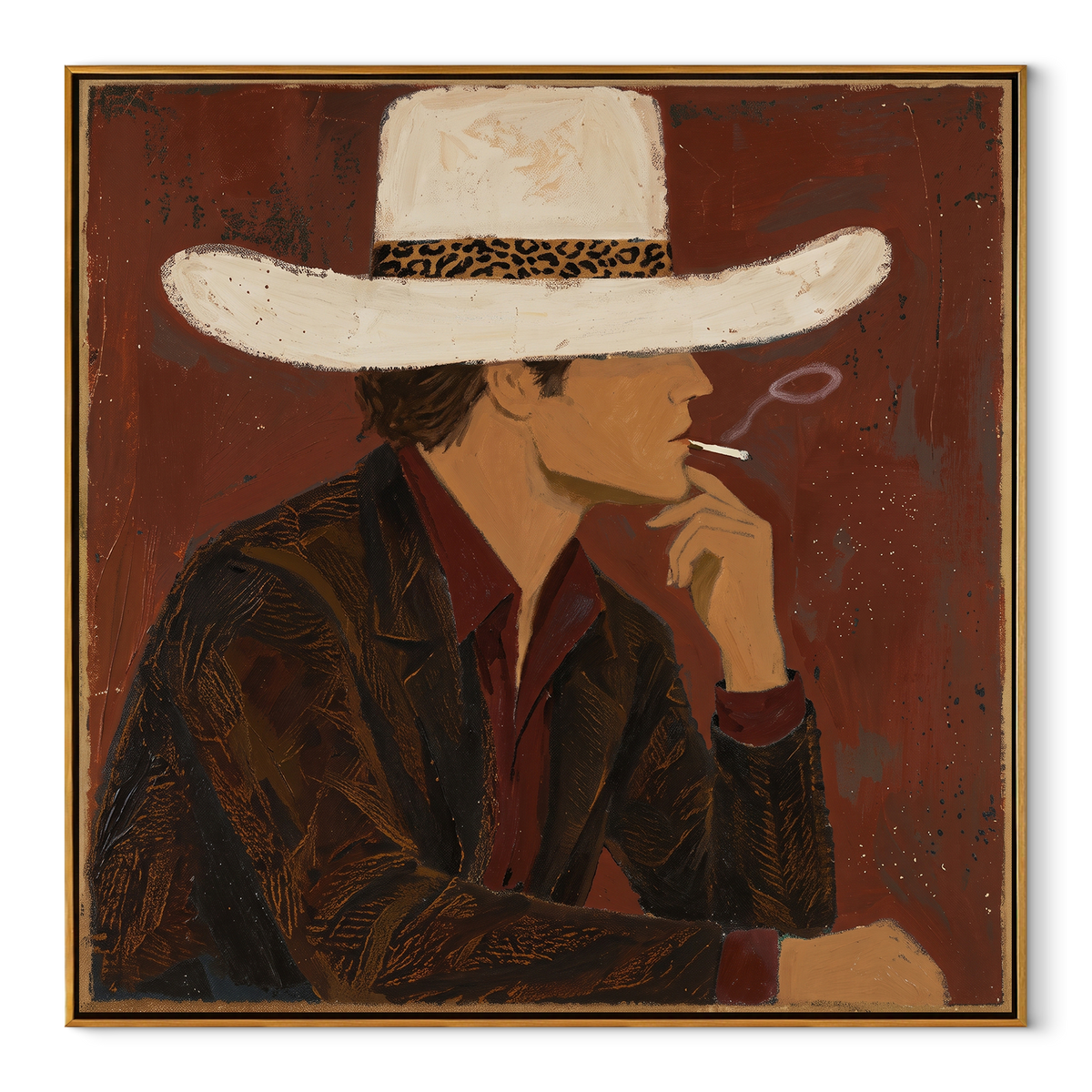 Leopard Brim in Burgundy - leopard hat fashion portrait painting in a wood frame on white