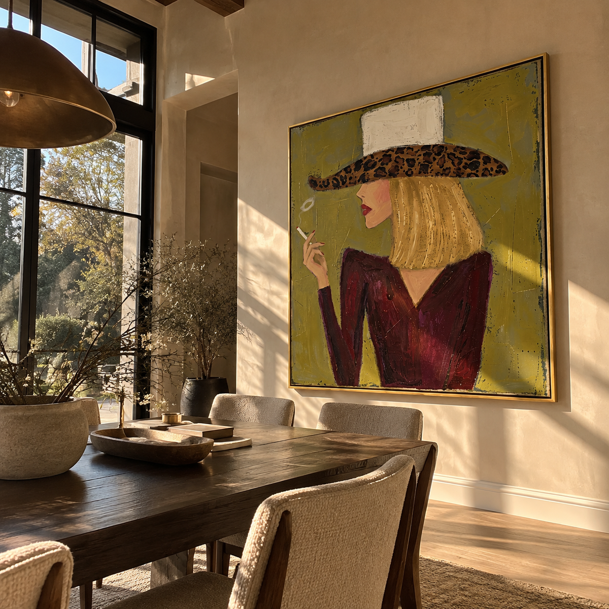 Leopard Brim in Olive - leopard hat smoking portrait painting displayed in a styled interior