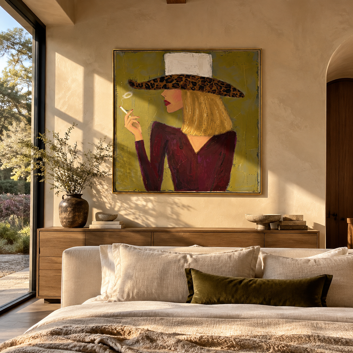 Leopard Brim in Olive - leopard hat smoking portrait painting shown in modern room setting 2