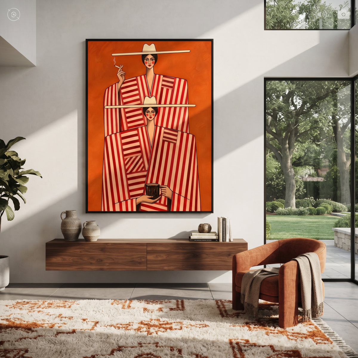 Twin Stripes in Red - red striped duo fashion painting displayed in a styled interior