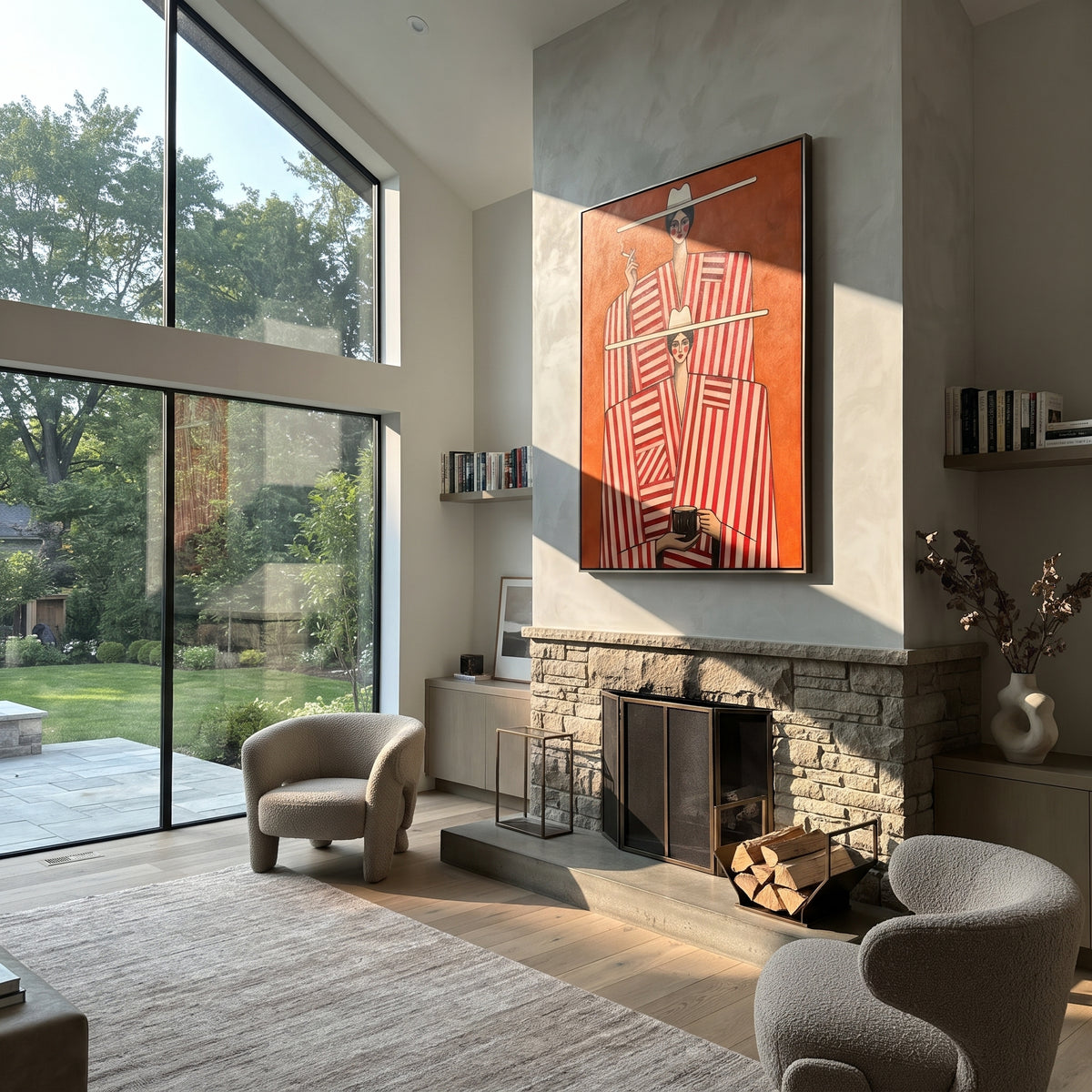Twin Stripes in Red - red striped duo fashion painting shown in modern room setting 3