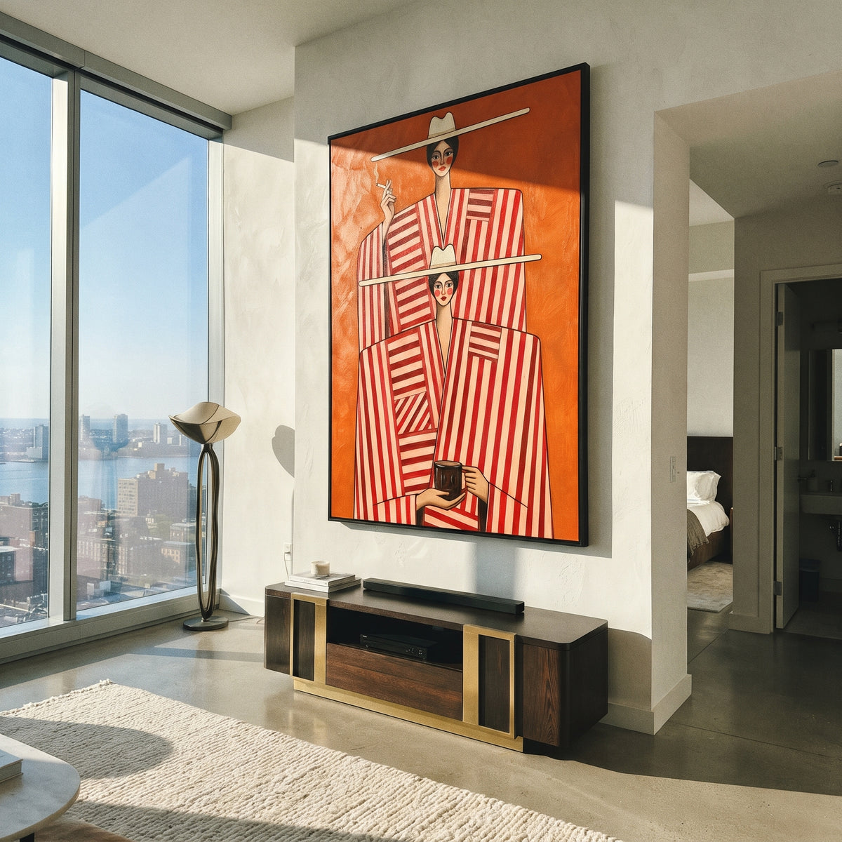 Twin Stripes in Red - red striped duo fashion painting shown in modern room setting 5