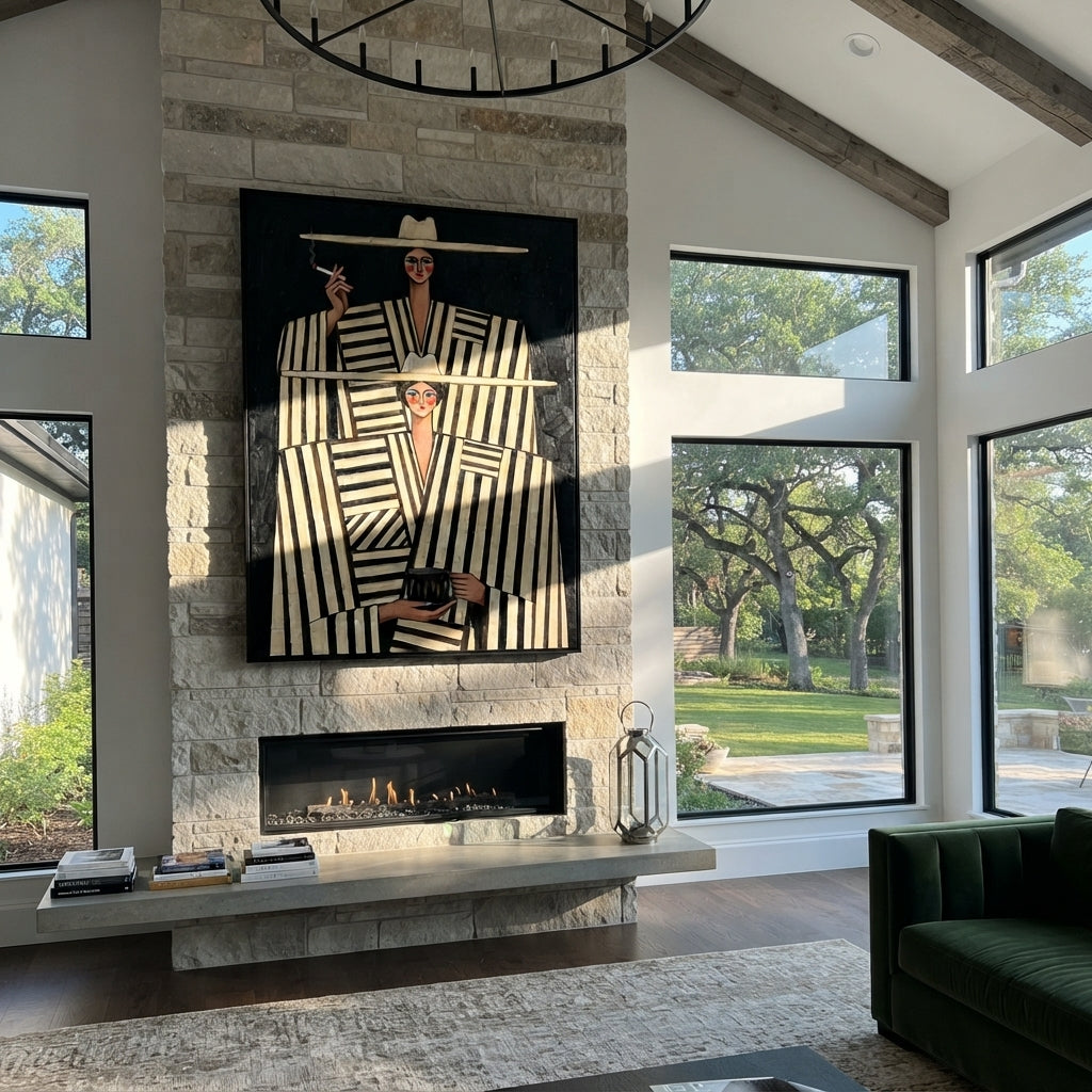 Black and White Salon - striped fashion duo painting shown in modern room setting 2